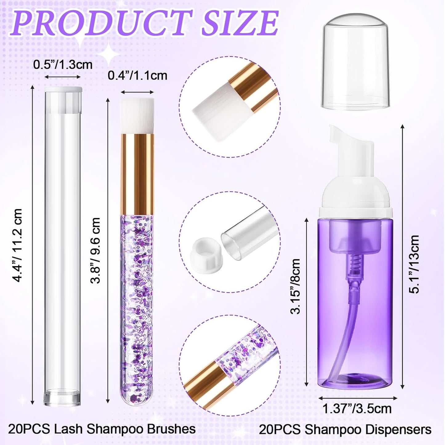 Zhehao 80 Pcs Lash Shampoo Bottle Brushes Kit 20 Foam Pump Dispensers 20 Lash Shampoo Brushes 20 Eyelash Aftercare Bag 20 Cleaning Pipes, Eyelash Extension Supplies(Purple)-GlimoraGlow