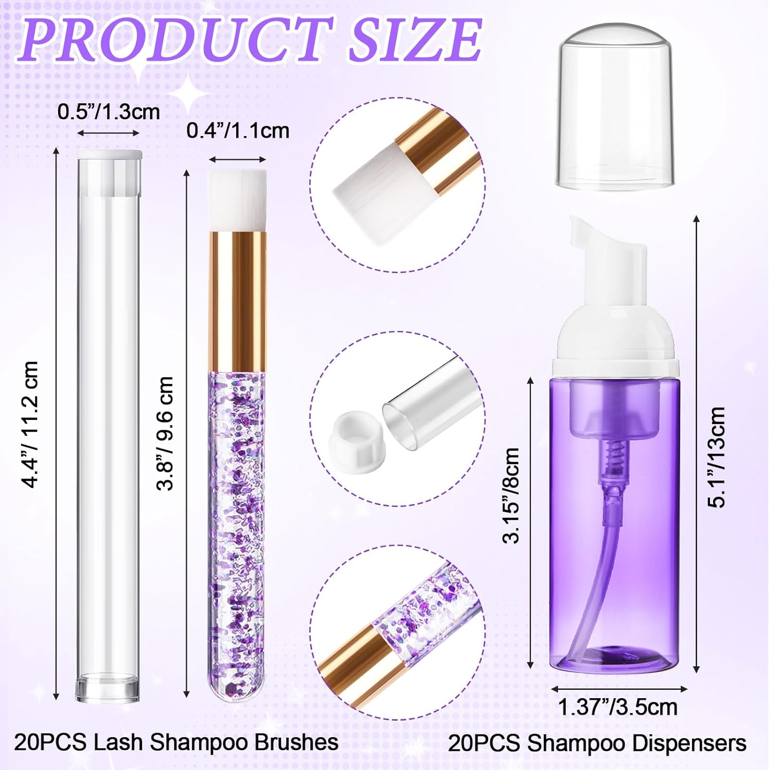 Zhehao 80 Pcs Lash Shampoo Bottle Brushes Kit 20 Foam Pump Dispensers 20 Lash Shampoo Brushes 20 Eyelash Aftercare Bag 20 Cleaning Pipes, Eyelash Extension Supplies(Purple)-GlimoraGlow