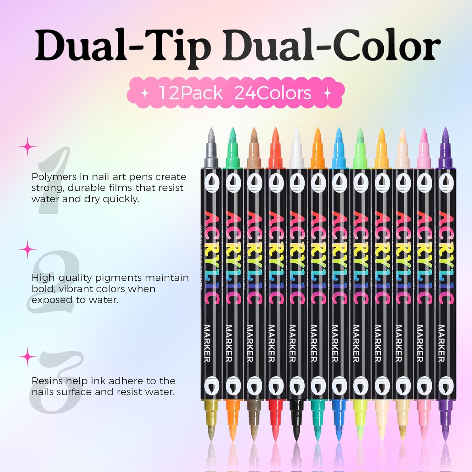 24 Colors Nail Art Pens Set, 3D Nail Polish Pens Quick-Drying Acrylic Paint Markers, Dotting Liner Brush for DIY Nail Design, Home & Salon Manicure Tools-GlimoraGlow