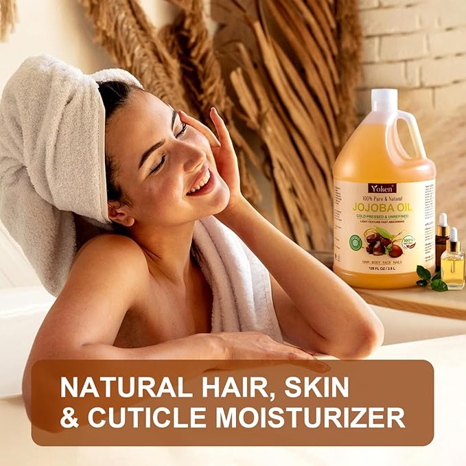 Yoken 1 Gallon Jojoba Oil EWG Verified - 100% Pure Jojoba Oils Bulk Cold Pressed Unrefined Hexane Free Virgin Golden jojoba Carrier Oil for Hair Skin Massage DIY Natural Body Moisturizer-GlimoraGlow