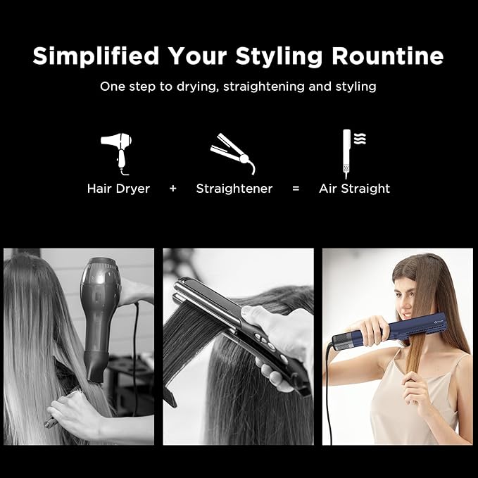 IG INGLAM Air Straightener, Style From Wet Hair, 2.2" Dryer Straightener, 200M Negative Ionic, One-Step Air Straight for Medium and Long Hair (14"-30"), Prussian Blue-GlimoraGlow