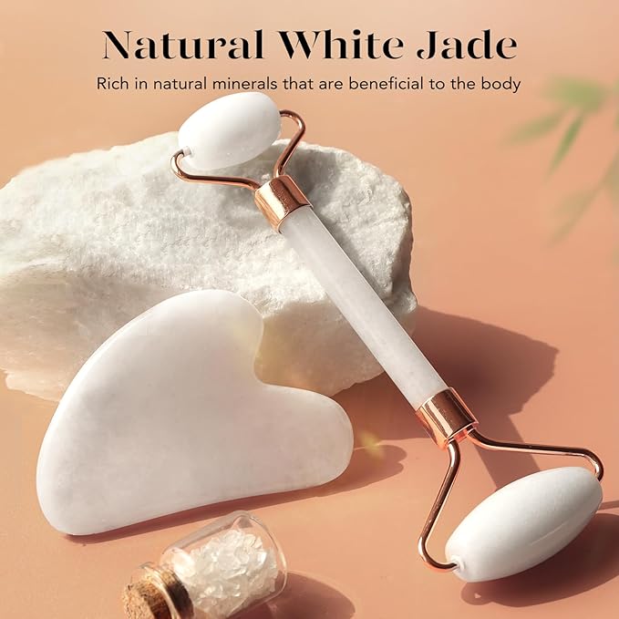BAIMEI Jade Roller & Gua Sha Set Face Roller and Gua Sha Facial Tools for Skin Care Routine and Puffiness, Self Care Gift for Men Women - White-GlimoraGlow