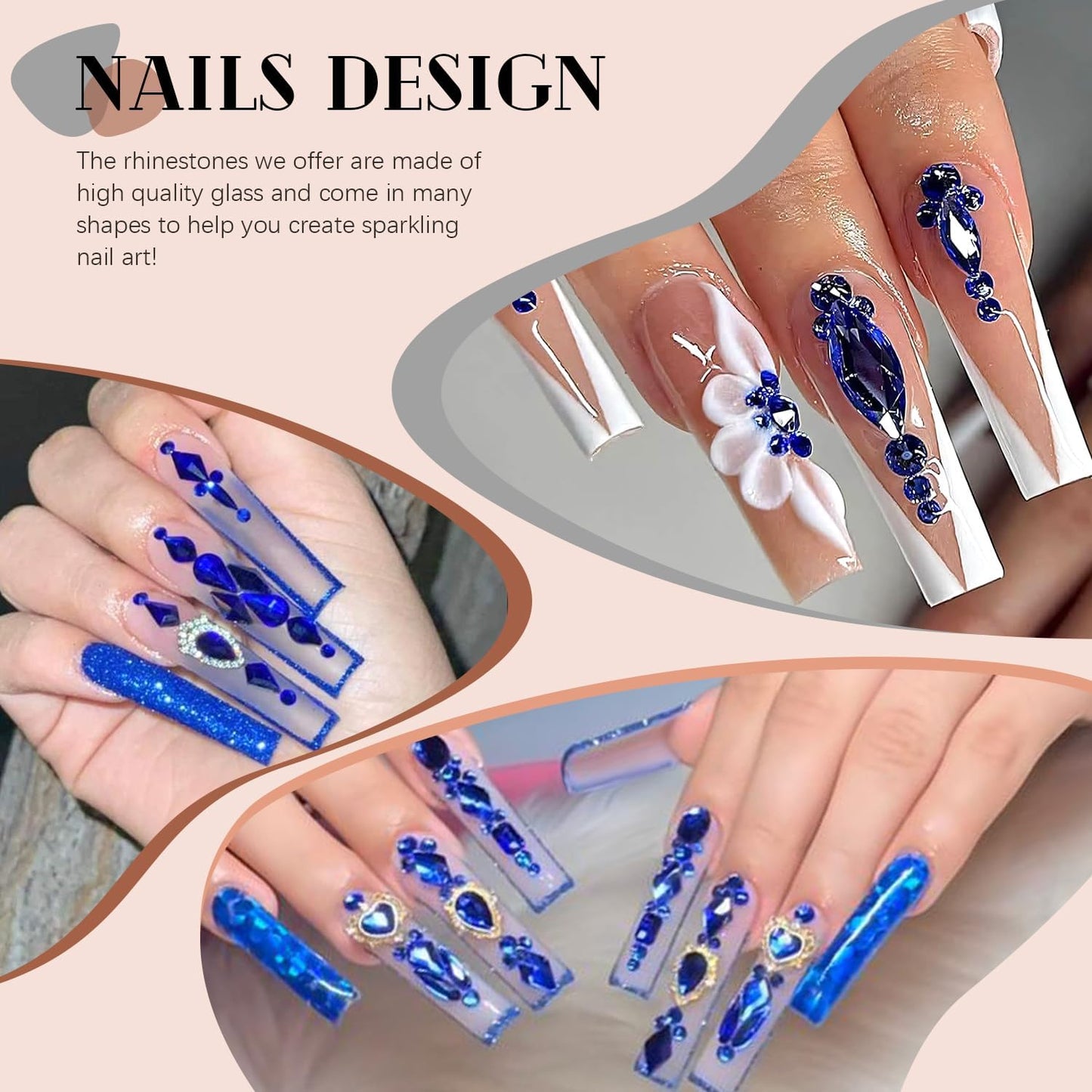 2060Pcs Royal Blue Glass Nail Rhinestones 60Pcs Multi Shapes Flatback Nail Gems + 2000Pcs 1.5-4mm Round Crystal, Manicure Nail Charms Diamond Gemstones for Acrylic Nails Decoration-GlimoraGlow