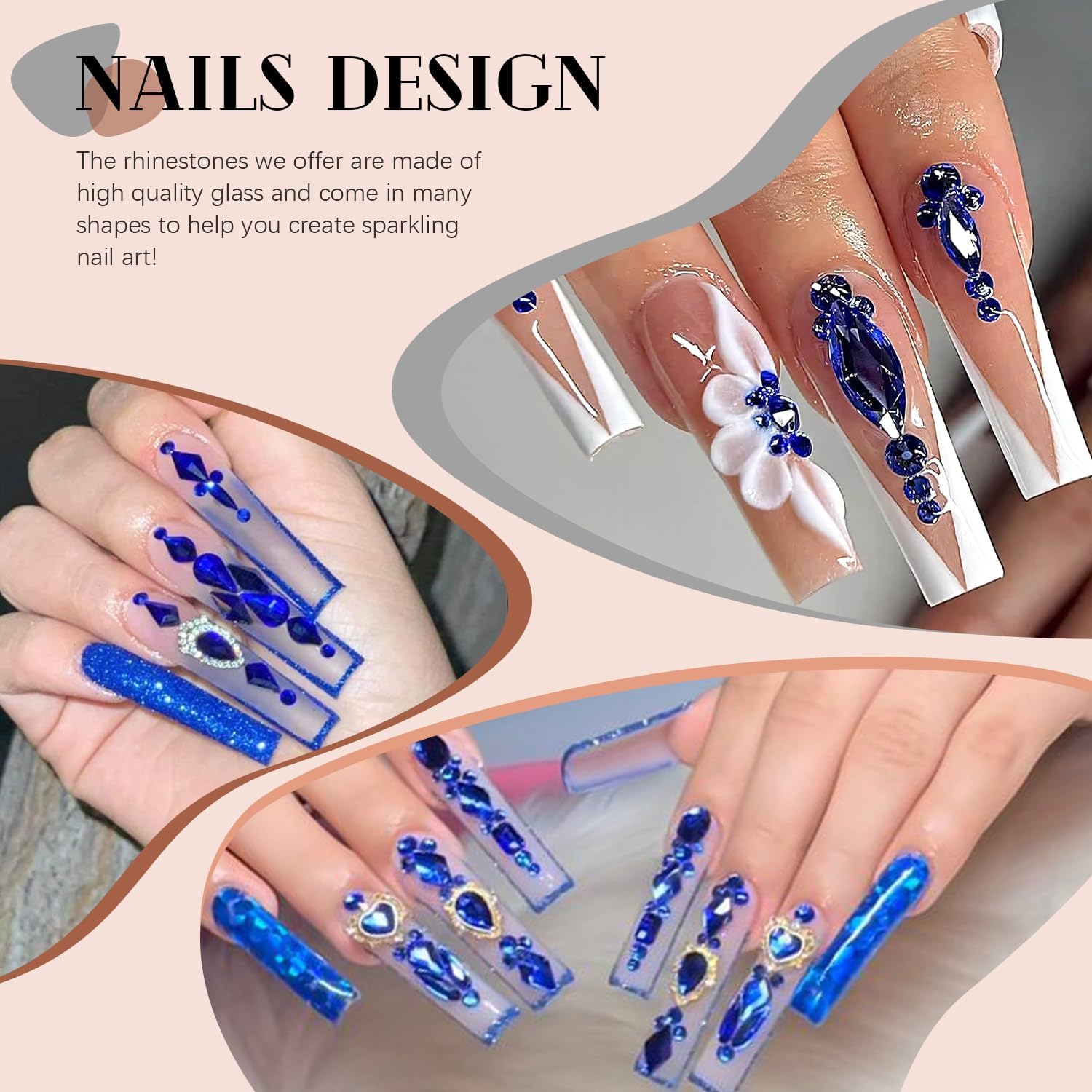 2060Pcs Royal Blue Glass Nail Rhinestones 60Pcs Multi Shapes Flatback Nail Gems + 2000Pcs 1.5-4mm Round Crystal, Manicure Nail Charms Diamond Gemstones for Acrylic Nails Decoration-GlimoraGlow