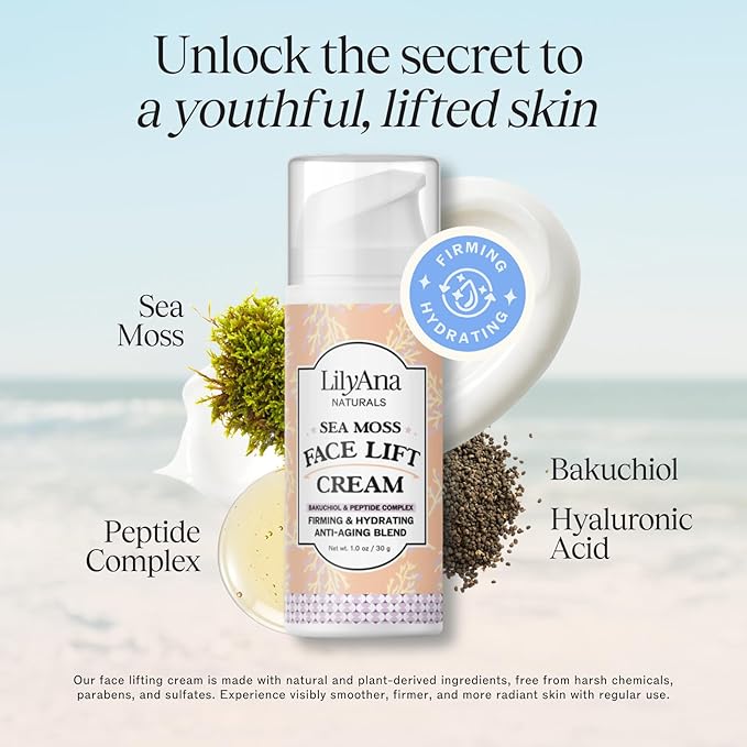 LilyAna Naturals Bakuchiol Face Lift Cream with Sea Moss and Peptide Complex - Face Cream for Women - Moisturizing and Lifting Facial Cream - Anti-Aging Overnight Moisturizer - Made in the USA - 1 oz-GlimoraGlow
