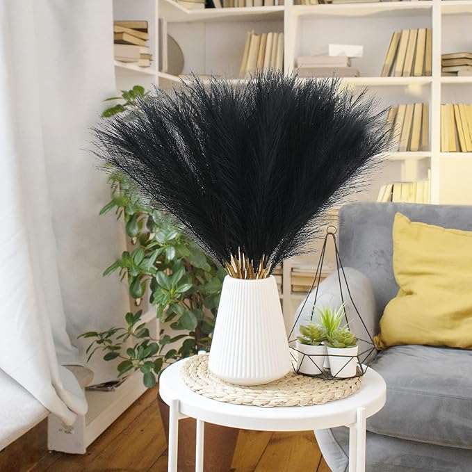 50pcs Faux Pampas Grass, 21.6" Short Artificial Pompous Grass Floral Fake Pompas Grass Branches Vase Filler Flower Arrangement for Home Wedding Boho Decor, Black