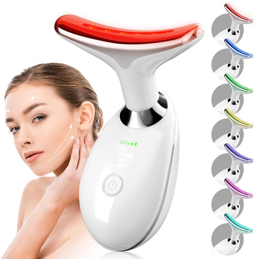 2025 New Face and Neck Massager Tool, 7 Colors LED Womens Skin Care Facial Massager for Skin Rejuvenation, Lifting, Toning, Glow Boost-White-GlimoraGlow