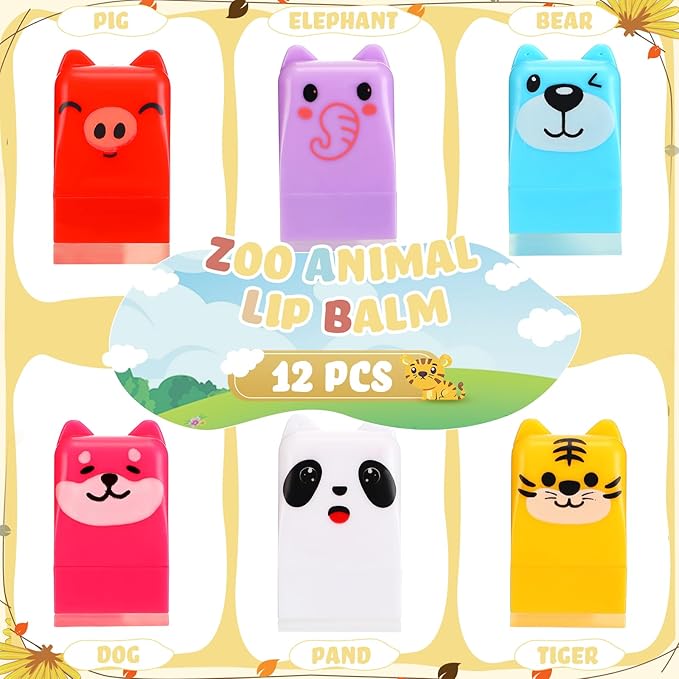 12 Pcs Farm Animals Birthday Lip Balm Gifts for Baby Shower Prizes Gift Baby Shower Favors Genger Reveal Gifts Zoo Theme Birthday Party Favors for Preschool Toddler Boy Girl Classroom Prizes-GlimoraGlow