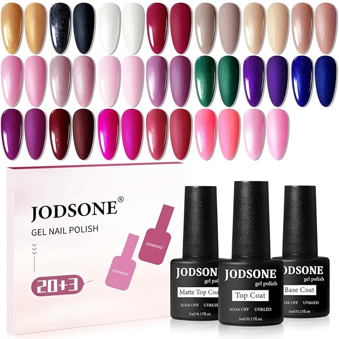 JODSONE 20 Glitter Color Gel Nail Polish Kit 3 Bottles of No Wipe Base Coat Glossy and Matte Top Coat Gel Polish Set High Shine Gorgeous-GlimoraGlow