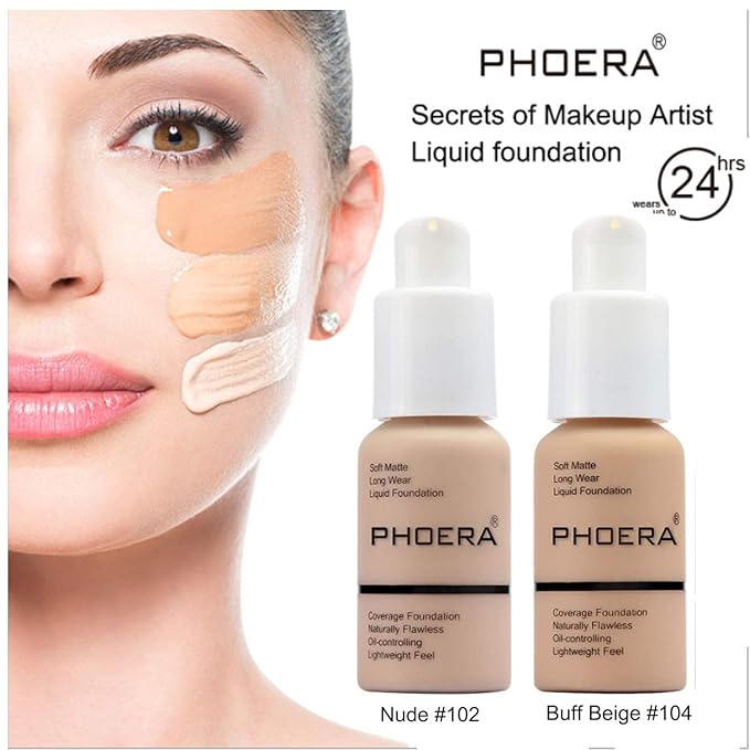 2 Pcs Phoera Foundation Makeup 102 and 104 Liquid Full Coverage 24HR Matte Oil Control Foundation Makeup Concealer (Nude & Buff Beige) with Kabuki Foundation Brush Flat Top-GlimoraGlow
