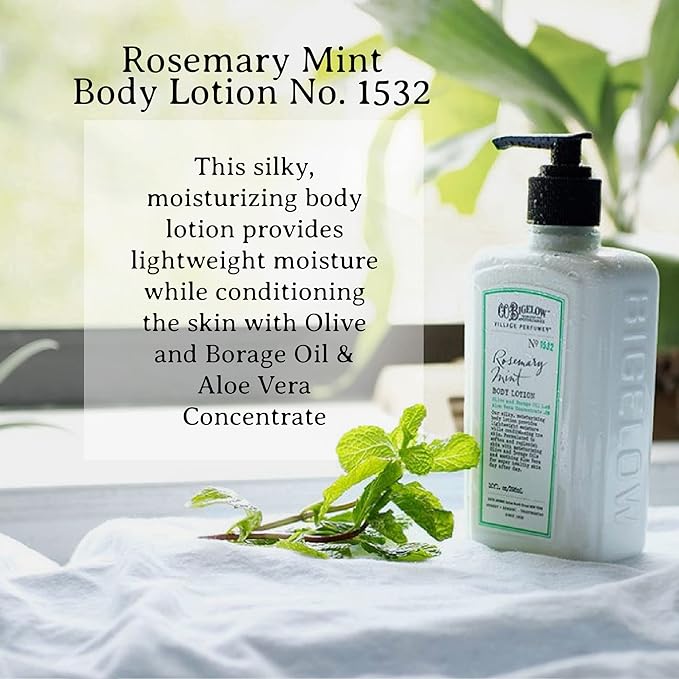 C.O. Bigelow Rosemary Mint Body Lotion, Village Perfumer Moisturizing Body Lotion with Aloe Vera, Borage Oil & Olive Oil, 10 Fl Oz-GlimoraGlow
