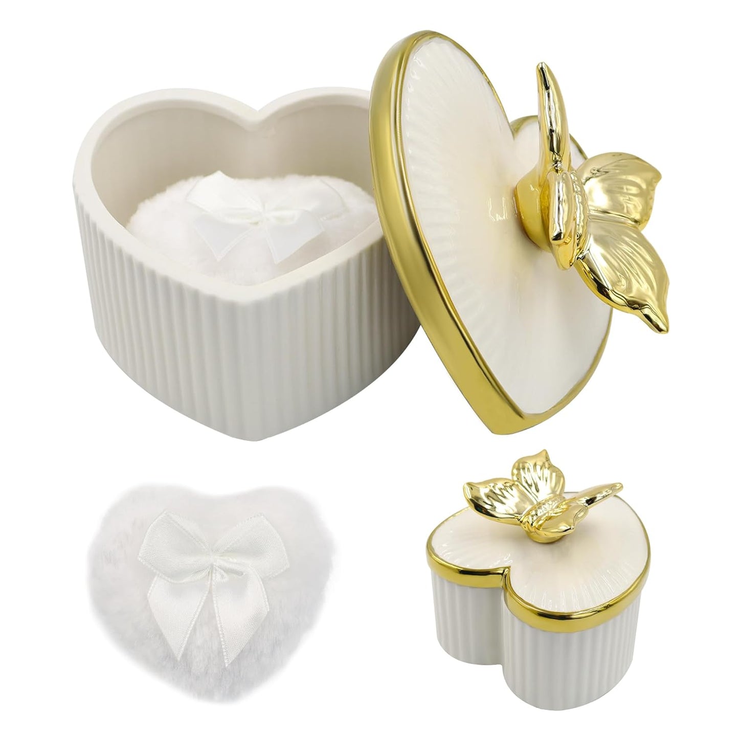 Large Body Powder Puff and Container, Ceramics Dusting Powder Container with 2 PCS Washable Heart Shaped Body Puff, Butterfly Dusting Case for Wet and Dry Makeup (White)-GlimoraGlow
