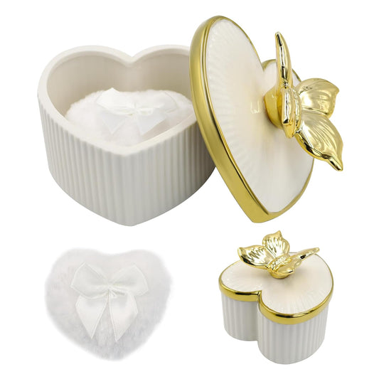 Large Body Powder Puff and Container, Ceramics Dusting Powder Container with 2 PCS Washable Heart Shaped Body Puff, Butterfly Dusting Case for Wet and Dry Makeup (White)-GlimoraGlow