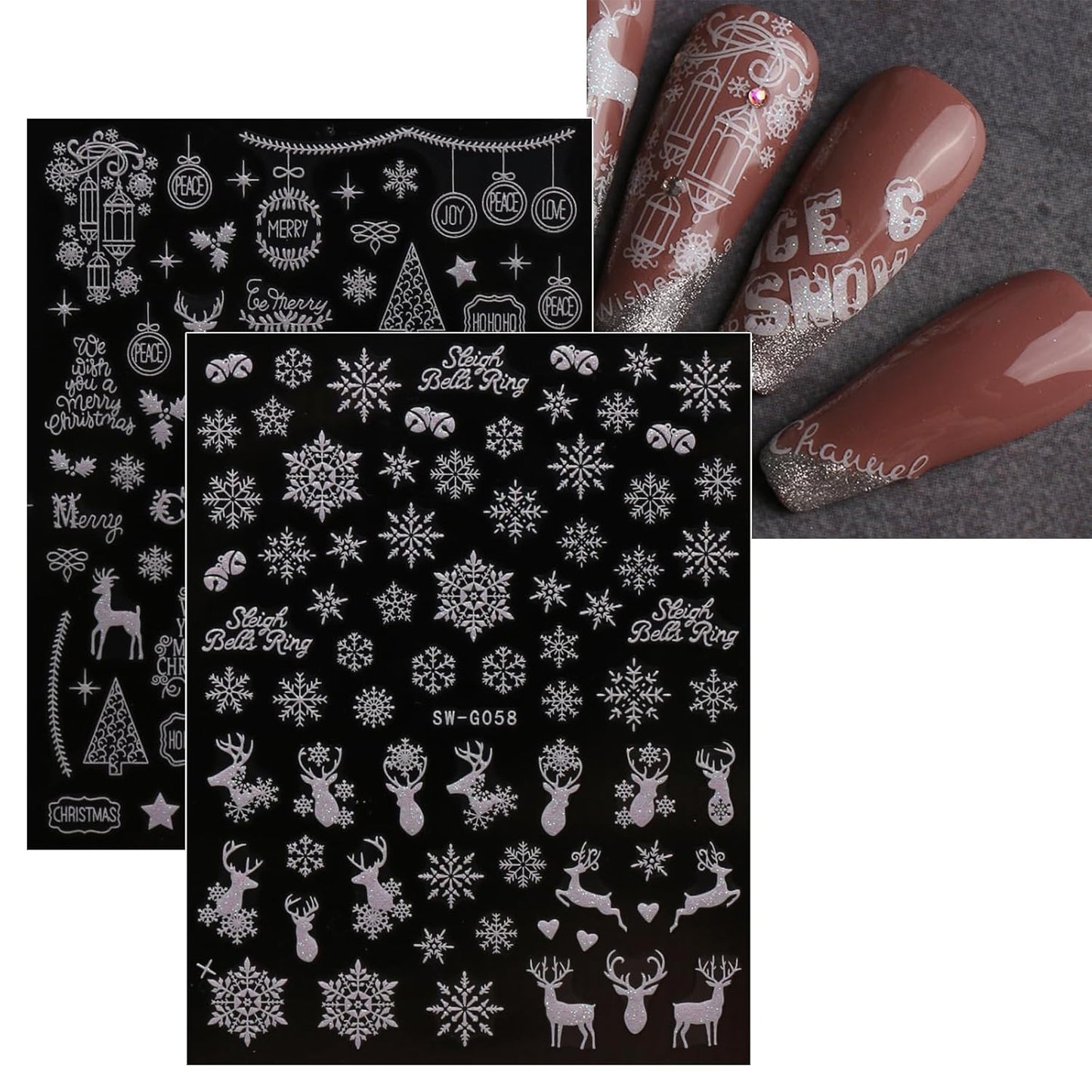 JMEOWIO 9 Sheets Christmas Glitter Nail Art Stickers Decals Self-Adhesive Snowflake Winter Holiday White Nail Supplies Nail Art Design Decoration Accessories-GlimoraGlow