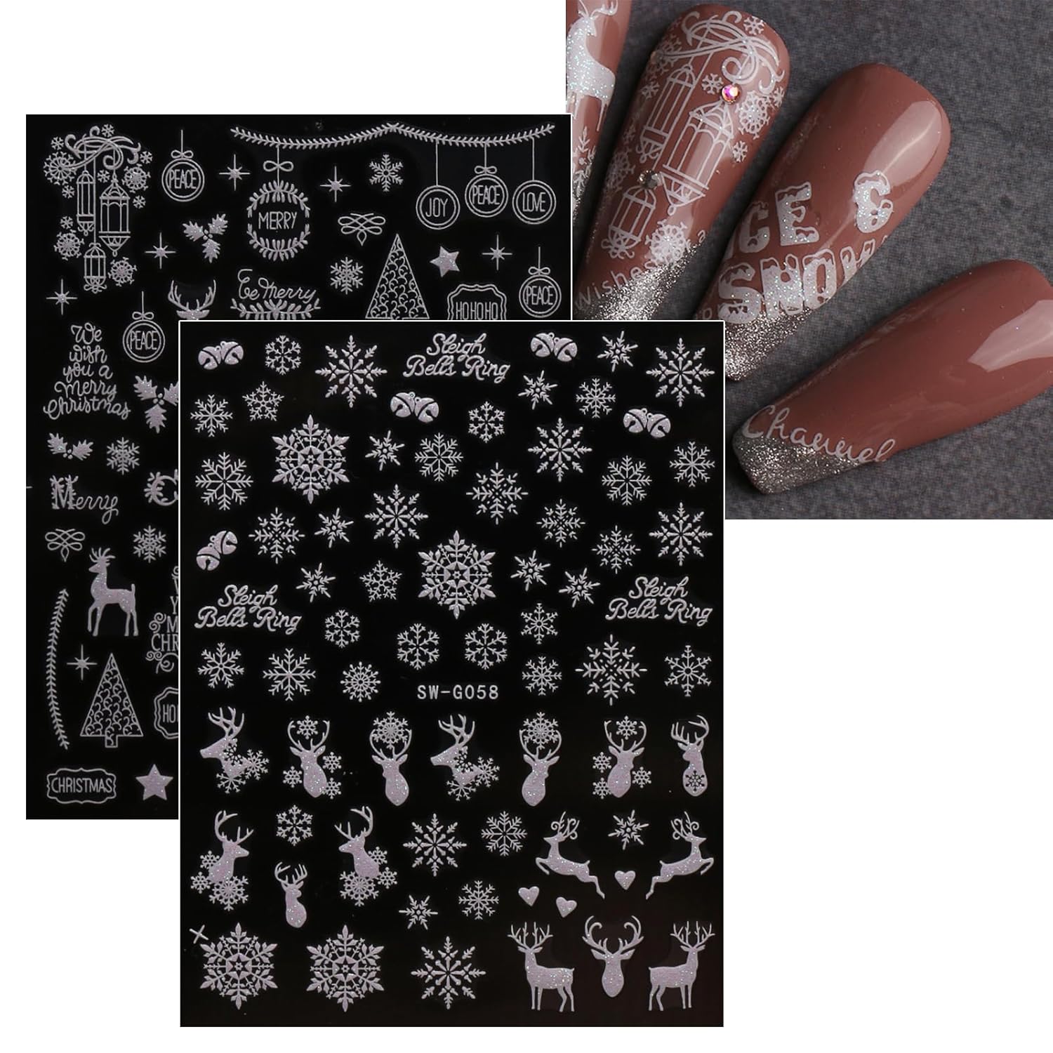 JMEOWIO 9 Sheets Christmas Glitter Nail Art Stickers Decals Self-Adhesive Snowflake Winter Holiday White Nail Supplies Nail Art Design Decoration Accessories-GlimoraGlow