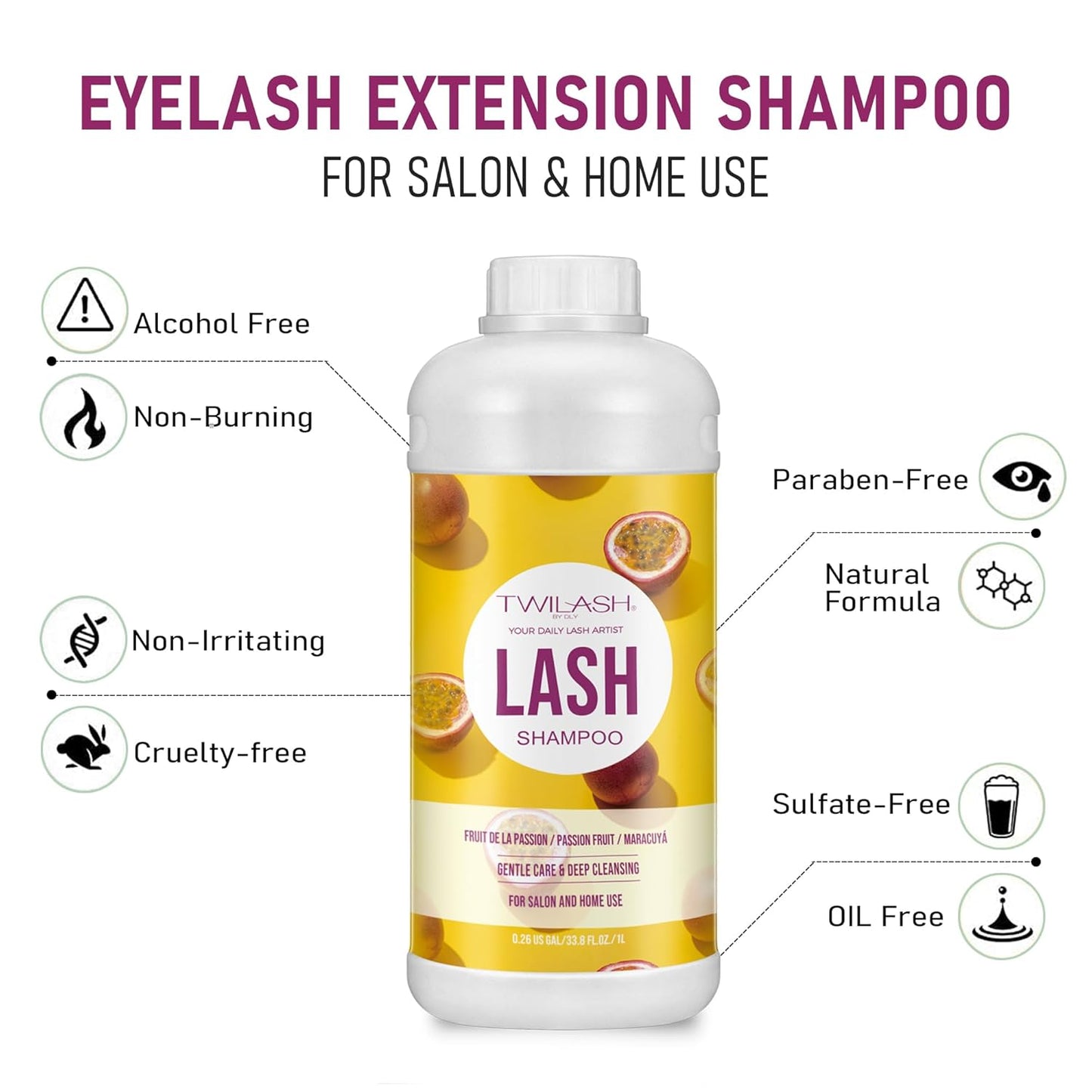 Lash Shampoo Bulk, Eyelash Cleanser for Extensions 2 Liters, Dispenser Pump, Non-irritating or Burning Eyelid Foaming Cleanser for Professional Salon and Home Use (Passion Fruit-1L)-GlimoraGlow