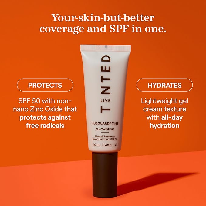 Live Tinted Hueguard Skin Tint SPF 50 - Tinted Mineral Sunscreen with Light-Medium Buildable Coverage With a Hydrating and Radiant Finish - Water and Sweat Resistant, 1.35 fl oz - Shade 09-GlimoraGlow