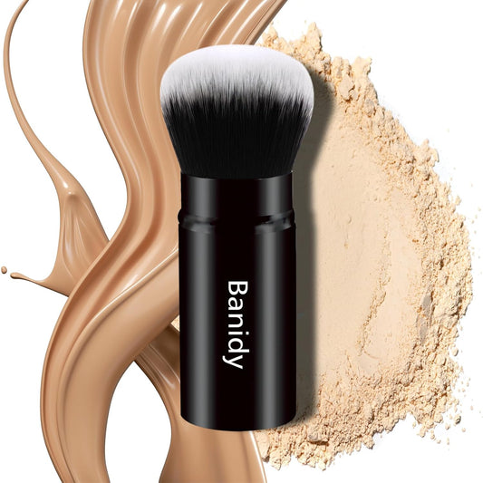 Makeup Brush Kabuki Face Brushes Retractable Travel Blush Brush Portable Flawless for Foundation, Powder Blush, Bronzer, Buffing, Liquid, Cream, Cruelty Free with Cover(Round-Head)-GlimoraGlow