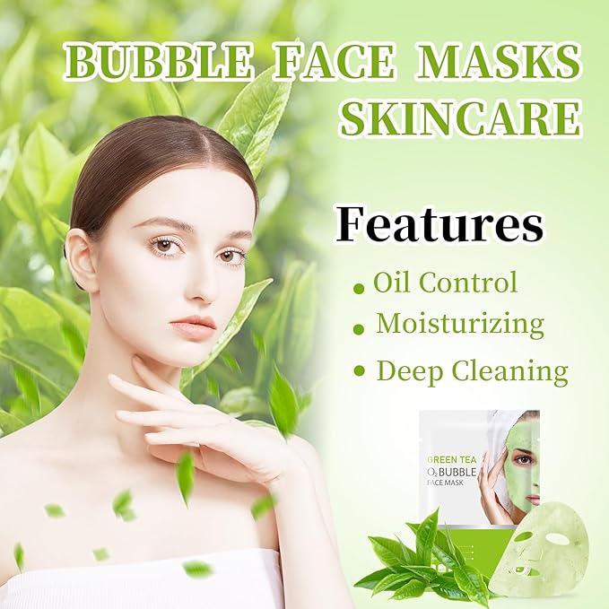 10 Sheets Face Masks Skincare O2 Bubble Green Tea Face Mask, Cleaner Bubble Sheet Masks Foaming Purifying Facial Mask for Pores, Moisturizing Spa Face Masks Skin Care For All Skin Type-GlimoraGlow
