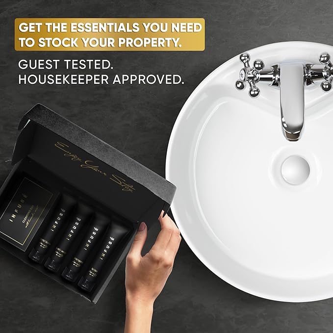 Infuse Black Amenity Kit | Boxed Hotel Toiletries | Bulk Set 1 oz Travel Size Shampoo, Conditioner, Lotion, Body Wash & Cleansing Bar for Guest Hospitality AirBnB/Vacation Rentals | 75 Pieces-GlimoraGlow