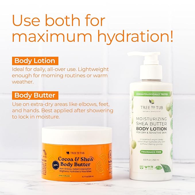 Tree to Tub Shea Body Butter for Dry, Extremely Dry, Sensitive Skin - Moisturizing Body Cream for Women & Men, Hydrating Body Lotion Moisturizer w/Vitamin C, Organic Cocoa, Citrus Scent-GlimoraGlow