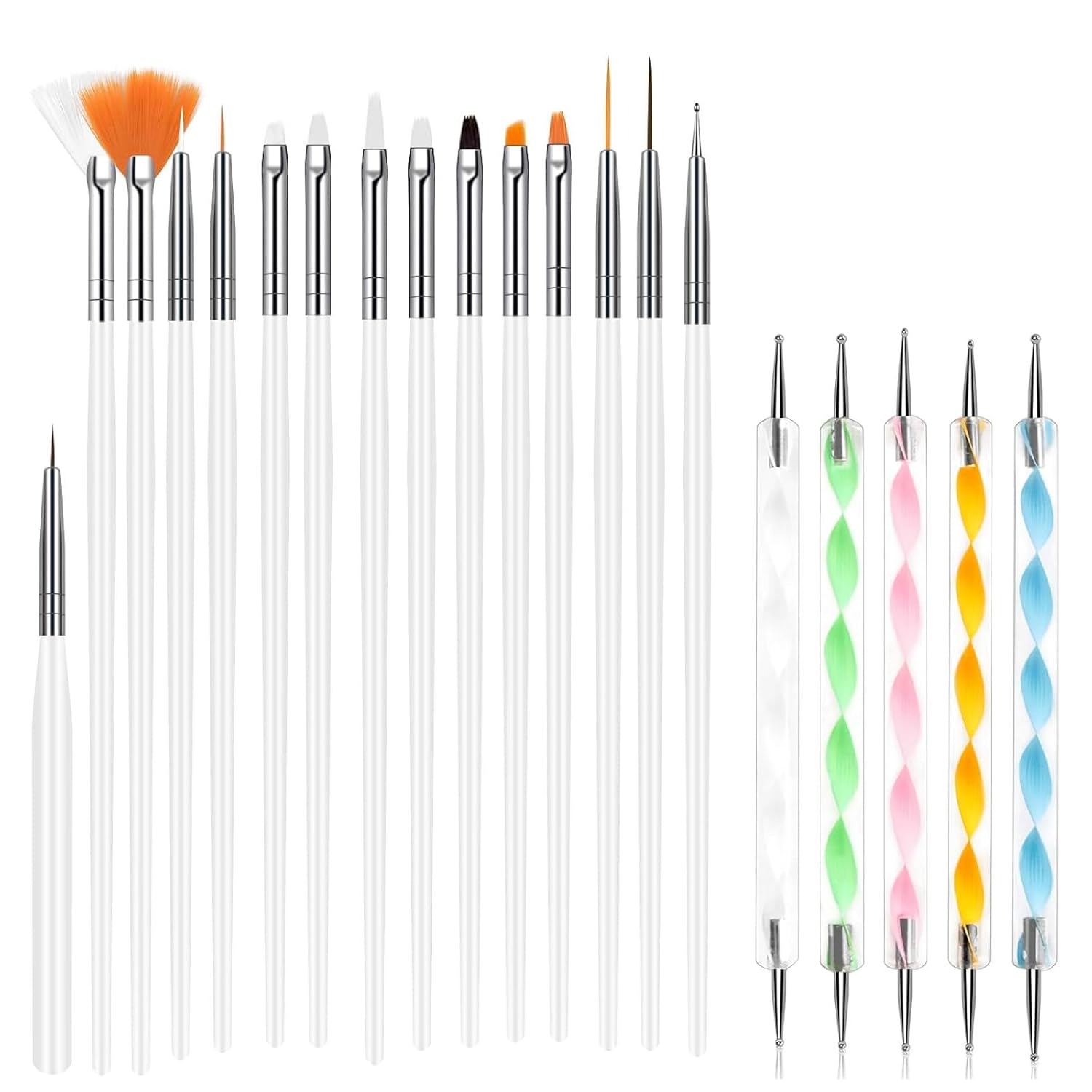 20Pcs Nail Art Brushes Tool Set, Nail Art Double-End Tools, Nail Liner Brushes, Silicone Pen Dotting Pen Tools Nail Art Kit for Home Nail Art DIY Salon Use-White-GlimoraGlow