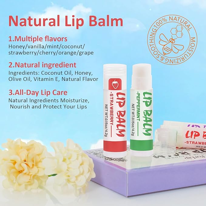 24 Pack Lip Balm, Natural Lip Balm Bulk with Vitamin E and Coconut Oil, Moisturizing Soothing Chapped Lips-8 Flavors-GlimoraGlow