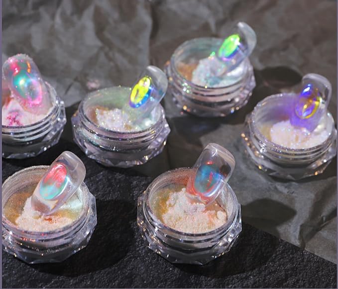 Ice Transparent Aurora Nail Powder Neon Rainbow Holographic Chameleon Powder Multi Chrome Iridescent Pigment Pearlescent Nail Art Glitters (6 Boxes Transparent)-GlimoraGlow