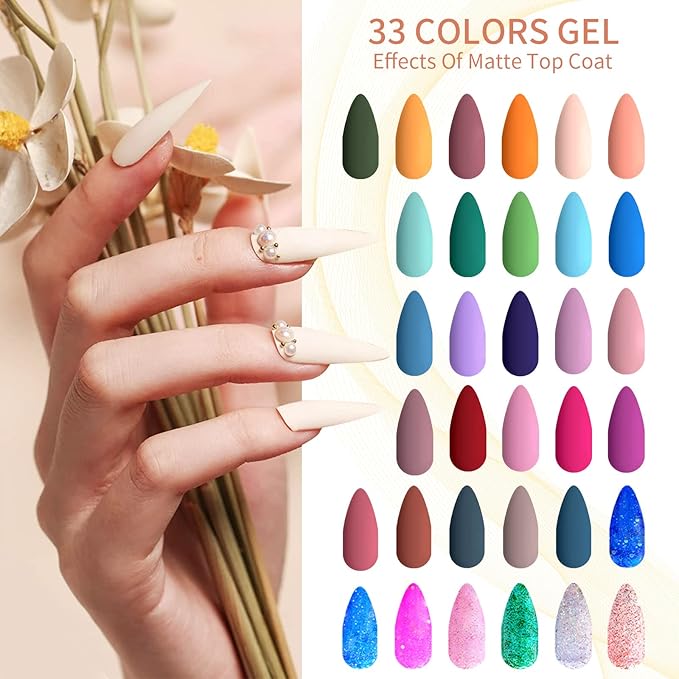 JEWHITENY Gel Nail Polish Kit, 36 Pcs 7ML Soak Off Gel Polish Set Pink Blue Green Yellow Gel Nail Kit Glitter Nail Art Starter Kit Beauty Gifts-GlimoraGlow