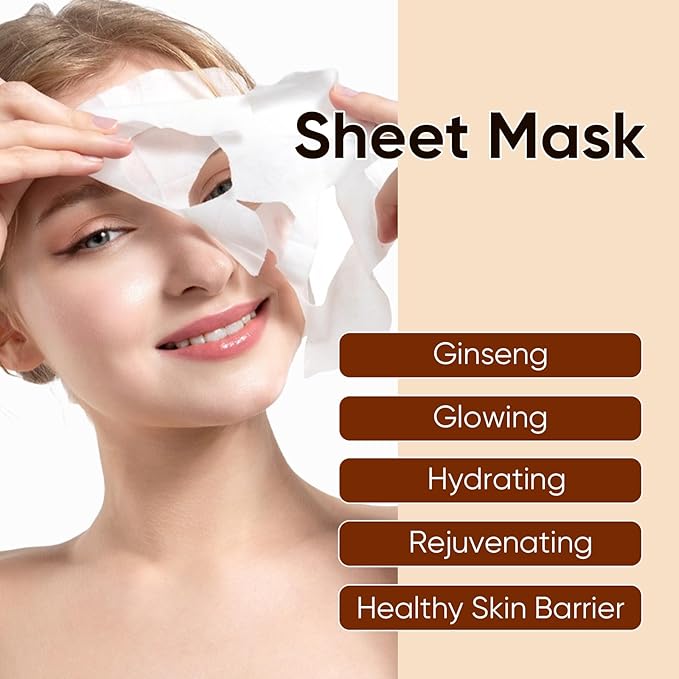 10Pack Sheet Face Masks Skincare for All Skin Types, Moisturizing Hydrating Face Masks Suitable for Sensitive Skin, Red Ginseng Face Masks for Wrinkles, Fine-Lines, Firmness and Elasticity-GlimoraGlow