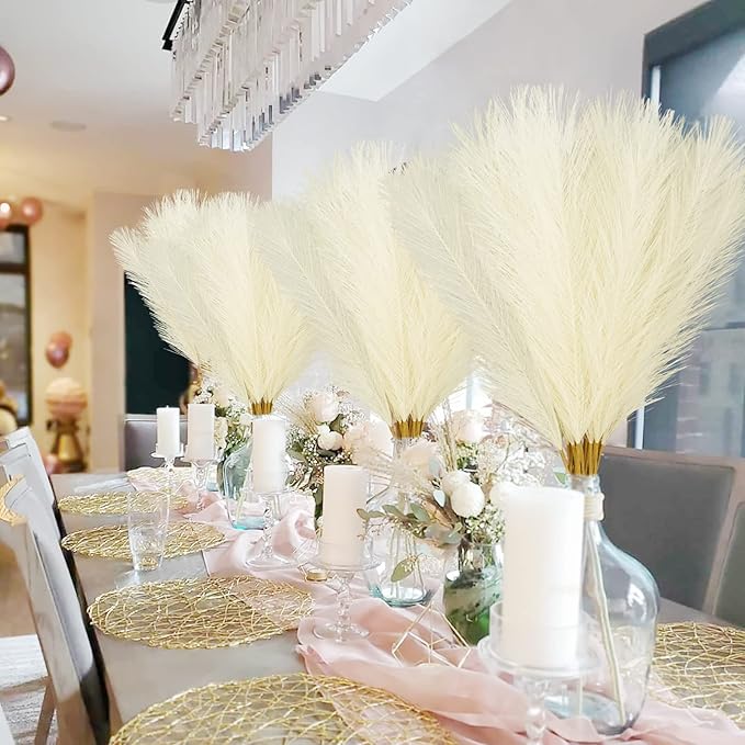 50PCS Faux Pampas Grass, 21.6" Short Artificial Pompous Grass Floral Fake Pompas Grass Branches Vase Filler Flower Arrangement for Home Wedding Boho Decor, Beige