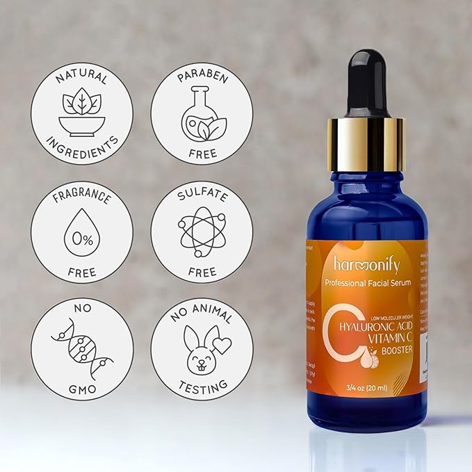 Hyaluronic Acid Serum for Face with Vitamin C, Brightening Serum, Pure, Hydrating Serum to Plumb Skin, Reduce Fine Lines, Wrinkles and Dark Spots, Low Molecular Weight [0.75 oz]-GlimoraGlow