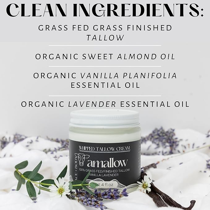 Amallow 100% Grass Fed Beef Tallow for Skin Care - Face + Body - Whipped Moisturizer - Natural Lotion, 4 FL. oz. (Vanilla Lavender)-GlimoraGlow