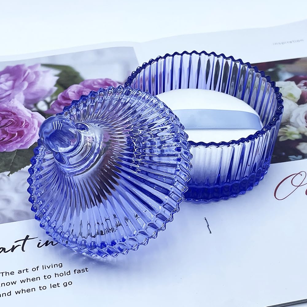 Ultra Soft Powder Puff and Container 3.3" High Density Velvet Dusting Washable Reusable Powder Puff,Body Powder Puff and Glass Jar Holder Loose Powder Box with Puff for Face Makeup(Blue)-GlimoraGlow