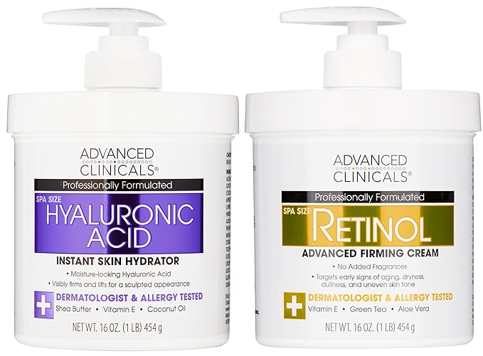 Advanced Clinicals Retinol Cream + Hyaluronic Acid Lotion Face & Body Skin Care. Anti Aging Dry Skin Rescue Creams Reduce Appearance Of Wrinkles, Fine Lines, & Sagging Skin, 16 Oz (Pack of 2)-GlimoraGlow
