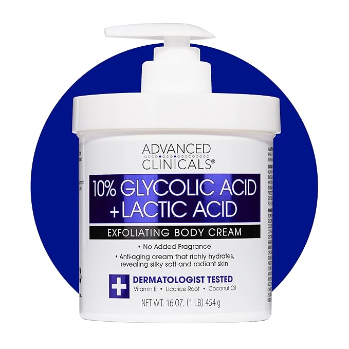 Advanced Clinicals 10% Glycolic Acid + Lactic Acid Lotion Exfoliant Moisturizing Cream With Hyaluronic Acid Moisturizer | AHA Exfoliating Body Cream Improves Look Of Uneven Rough Skin Texture, 16 Oz-GlimoraGlow