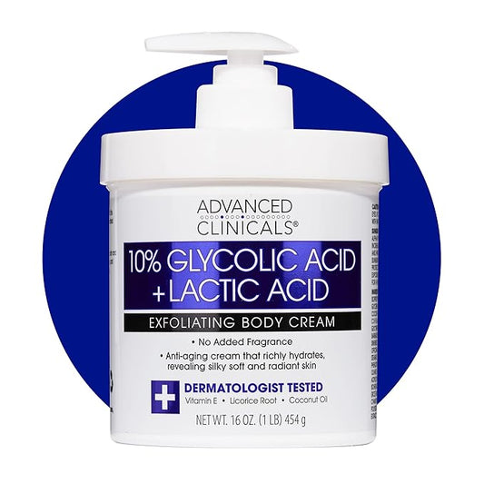 Advanced Clinicals 10% Glycolic Acid + Lactic Acid Lotion Exfoliant Moisturizing Cream With Hyaluronic Acid Moisturizer | AHA Exfoliating Body Cream Improves Look Of Uneven Rough Skin Texture, 16 Oz-GlimoraGlow