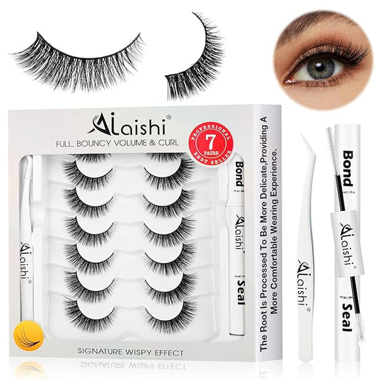Wispy False Eyelashes Kit With Bond, Seal and Tweezer, 7 Pairs Natural Look Fake Cat Eye Lashes Strips Thin Band Extensions Waterproof Easy Eyelashes for Beginners RQ45-GlimoraGlow