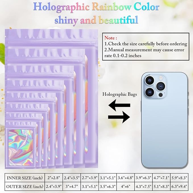 100 Pack Holographic Bags, Packaging Bags, Clear Window Resealable Odor Foil Pouch Bag for Food Storage and Lipgloss, Jewelry Lash (Purple, 4 x 6 Inch)-GlimoraGlow