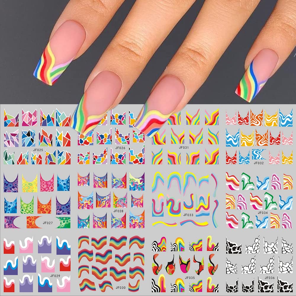 12 Sheets Colorful Stripes Nail Art Stickers Geometric Rainbow Wave Design Water Transfer Nail Decals for Nails Art Abstract French Pattern Acrylic Slider Nail Foils for Women Manicure Nail Decor-GlimoraGlow