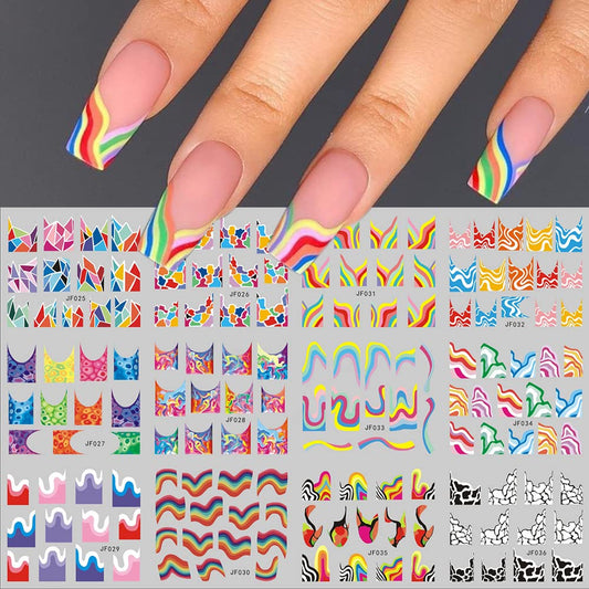 12 Sheets Colorful Stripes Nail Art Stickers Geometric Rainbow Wave Design Water Transfer Nail Decals for Nails Art Abstract French Pattern Acrylic Slider Nail Foils for Women Manicure Nail Decor-GlimoraGlow