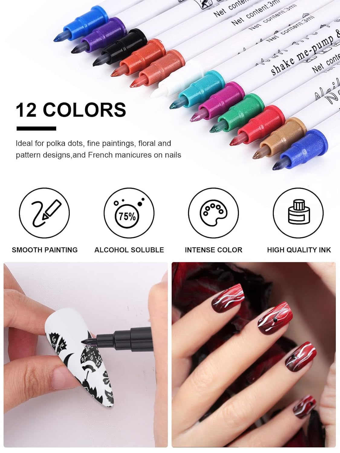 12 Color 3D Nail Art Pens Set, Kalolary Nail Point Graffiti Dotting Pen Drawing Painting Liner Brush for DIY Nail Art Beauty Adorn Manicure Tools-GlimoraGlow