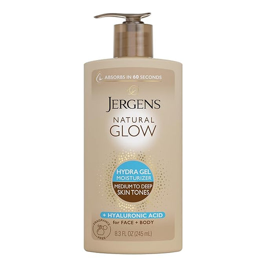 Jergens Natural Glow Hydra Gel Moisturizer, Gradual Tanning Lotion with Hyaluronic Acid, Hydrating Tanning Gel, Fragrance-Free Self Tanner, Medium to Deep Skin Tones 8.3 Fl Oz-GlimoraGlow
