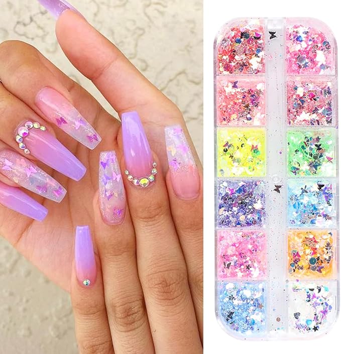12 Grids Flaky Nail Art Glitter Sequins 3D Heart-Shaped Butterfly Ultra Thin Nail Art Sparkly Flake Designs Moon Stars Decorations Nail Glitter Sequins Suitable for Female Girl Nail Art Techniques-GlimoraGlow
