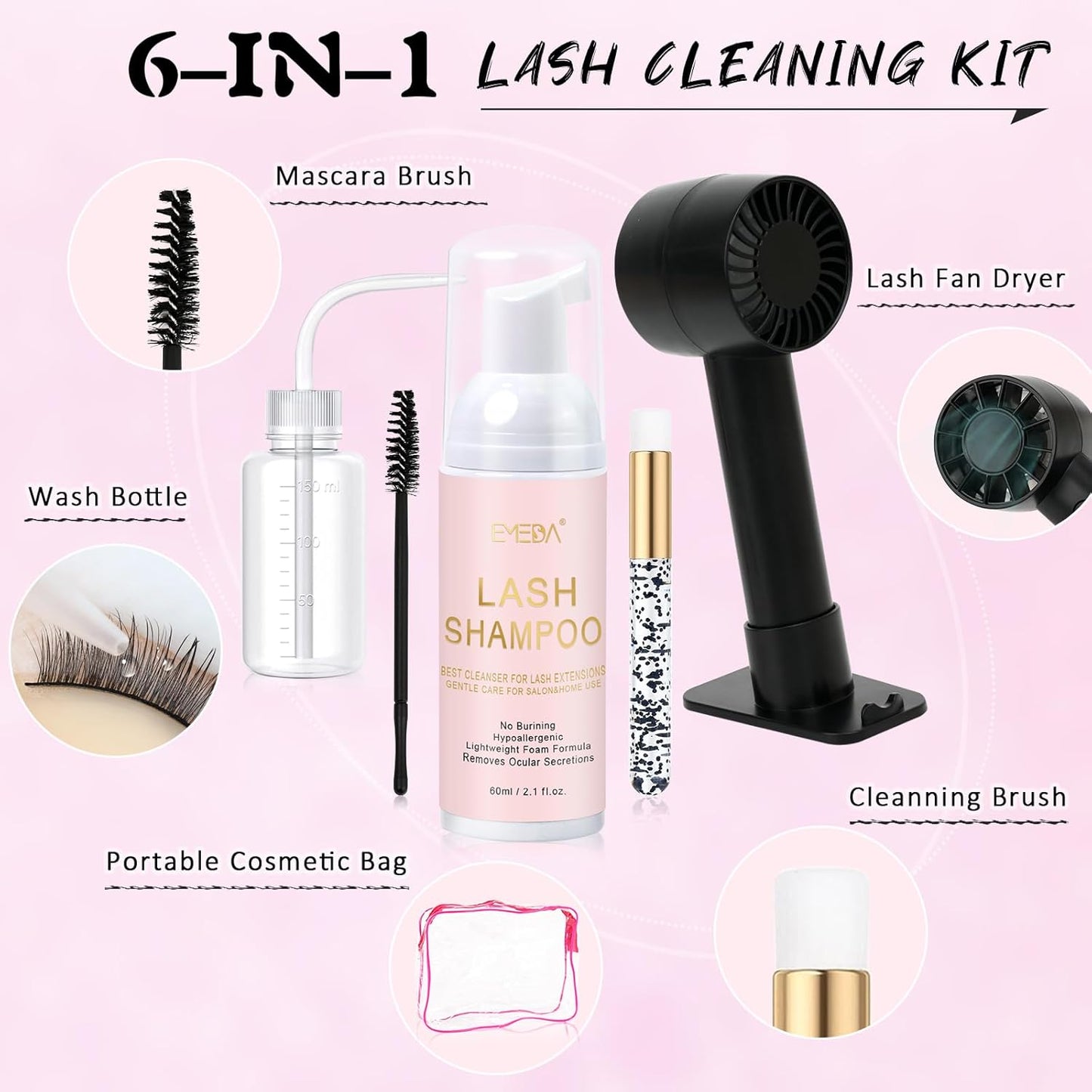 EMEDA Lash Shampoo Kit 2.02 fl oz Lash Cleaning Kit with Rechargeable Fan Dryer/Brush/Rinse Bottle, Oil-free Cleanser Wash for Extensions & Clusters & Natural Lashes, Cleaner for Eyelash Care(Black)-GlimoraGlow