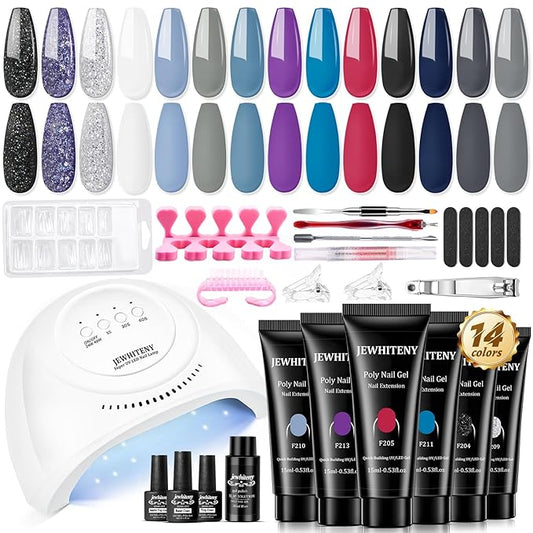 JEWHITENY Poly Nail Gel Kit 14 Colors Purple Nude Grey Black Blue Glitter Tones Starter Kit with UV Lamp Matte & Glossy Top & Base Coat All-in-One Designs DIY At Home-GlimoraGlow
