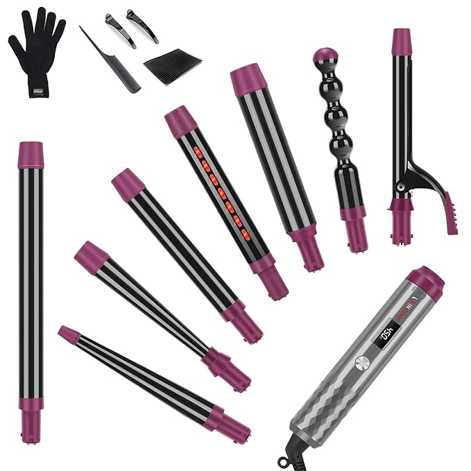 IG INGLAM Curling Iron Wand Set, 8 in-1 Interchangeable Ceramic Barrels with Infrared, Cucurbit, Tapered, Extended, 1in, 1 1/4 in, 3/4in Barrels and Clips-GlimoraGlow