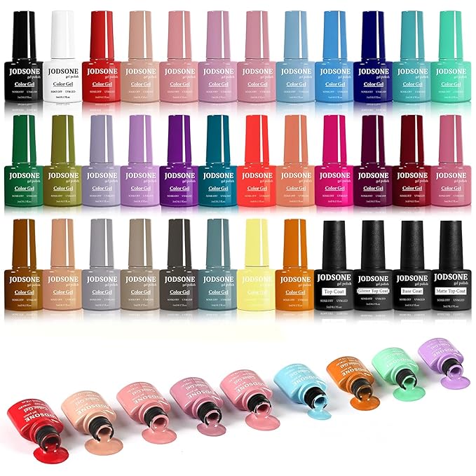 JODSONE 32 Colors Gel Nail Polish Set Same Color Same Bottle No Wipe Base Top Matte Glitter Coat Professional Choice-GlimoraGlow