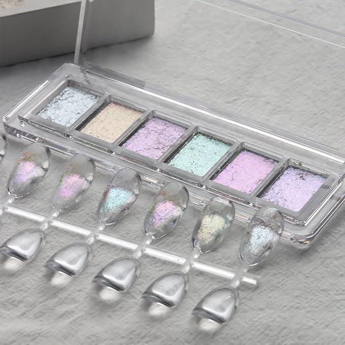 Iridescent Nail Glitter Set, 6 Colors Mud Texture Aurora Chrome Powder, Pink Blue Pearlescent Glitter, Chameleon Nail Flakes Gold Leaf, Holographic Manicure Decor-GlimoraGlow