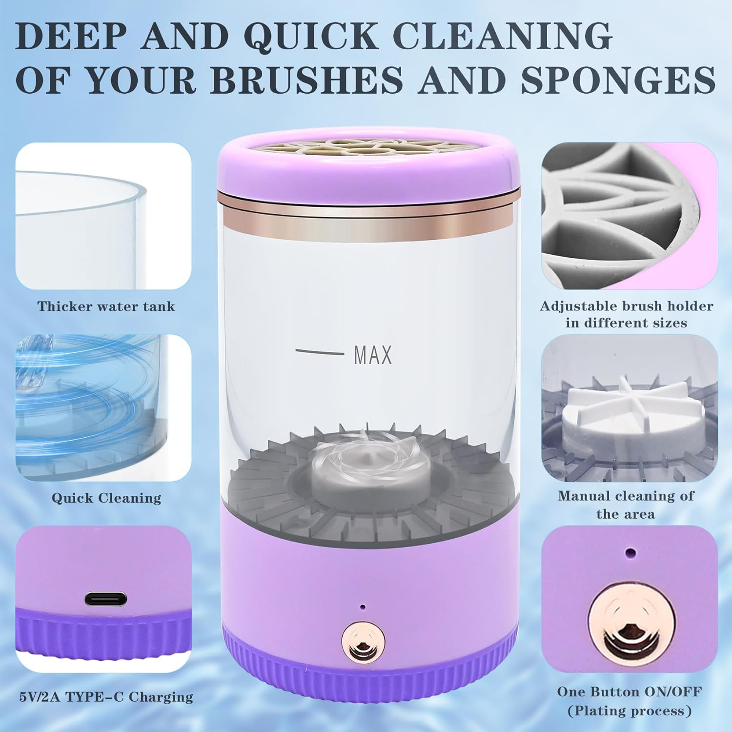 Makeup Brush Cleaner,Low noise and 8000 RPM Electric Makeup Brush Cleaner Machine for Deep Cleaning,Automatic Spinning Cosmetic Brush Cleaner for All Size Makeup Brushes and Sponges(purple)-GlimoraGlow